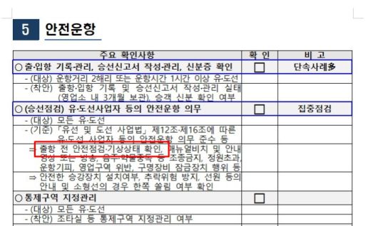 지난해 4월 실시된 해경의 유도선 집중안전점검 체크리스트. 해경 제공