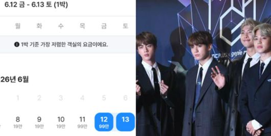 BTS 부산 공연이 예정된 기간 부산지역 숙박 요금이 크게 오른 모습. 온라인 숙박 예약 플랫폼 캡처·자료사진