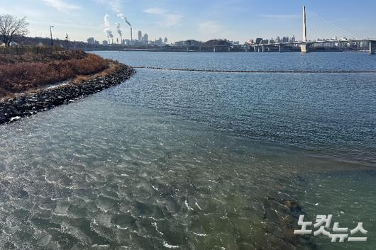 성산대교와 월드컵대교 사이 강물이 얼어있다. 이우섭 기자