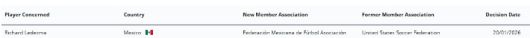 미국에서 멕시코로 소속 국가협회가 변경된 레데스마. FIFA 국가협회 변경 플랫폼 캡처