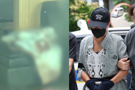 남편의 신체 중요 부위를 절단해 살해하려 한 혐의를 받는 50대 여성이 2일 구속 전 피의자 심문(영장실질심사)이 열리는 인천지법에 들어서고 있다. 왼쪽은 범행 현장. 연합뉴스TV 캡처·연합뉴스