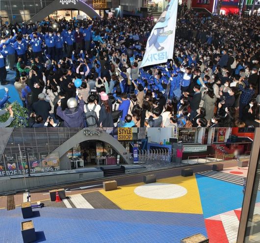 선거운동 마지막 날인 지난 6일 홍대 거리에서 유세를 펼친 박영선 더불어민주당 후보(사진 위)와 이튿날 고요해진 홍대 거리. 사진=연합뉴스·김동환 기자