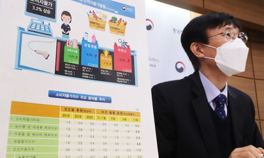 어운선 통계청 경제동향통계심의관이 2일 세종시 정부세종청사에서 2021년 10월 소비자물가동향을 발표하고 있다. 연합뉴스