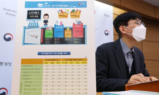 어운선 통계청 경제동향통계심의관이 4일 세종시 정부세종청사에서 2022년 1월 소비자물가동향을 발표하고 있다. 연합뉴스