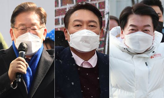 더불어민주당 이재명 대선 후보(왼쪽부터), 국민의힘 윤석열 대선 후보, 국민의당 안철수 대선 후보. 연합뉴스