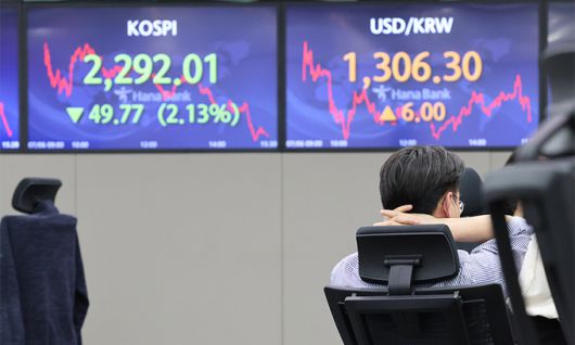 코스피가 2,300선 아래로 하락한 6일 서울 중구 하나은행 딜링룸에서 한 직원이 잠시 휴식을 취하고 있다. 연합뉴스