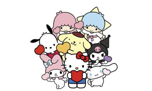 산리오의 대표 캐릭터. 앞줄 왼쪽부터 시계 반대방향으로 마이멜로디, 헬로키티, 시나모롤, 쿠로미, 마이리틀트윈스타즈(남녀), 포차코, 가운데는 폼폼푸린.