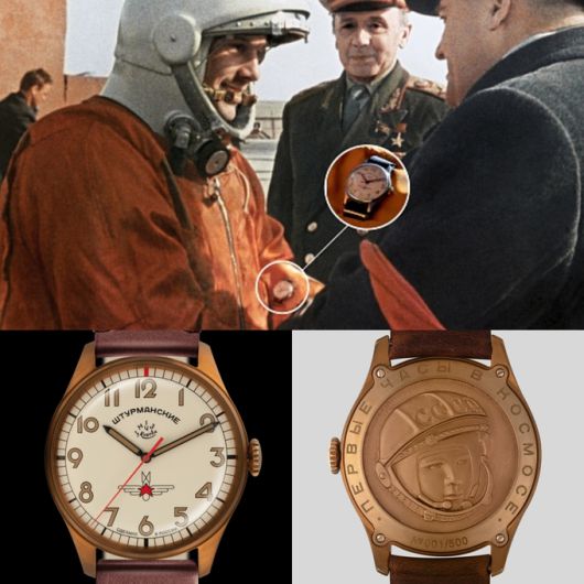 1961년 소련의 유리 가가린이 최초의 유인 우주선인 보스토크 1호에 탑승하기 직전의 모습. 하단 사진은 오늘날 판매되는 스투르만스키 가가린 모델.