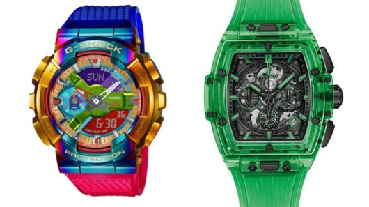 카시오(Casio) 지샥의 크로노그래프 에디션(왼쪽)과 위블로(Hublot)의 빅뱅 그린삭셈 에디션.