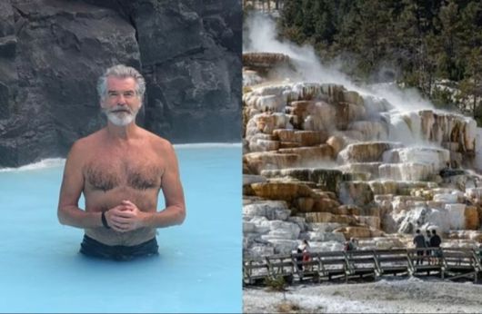 아일랜드 출신의 영화배우 및 프로듀서 피어스 브로스넌(왼쪽)과 미국 와이오밍 주 옐로스톤 국립공원 내 ‘매머드 온천’(오른쪽). 인스타그램·게티이미지