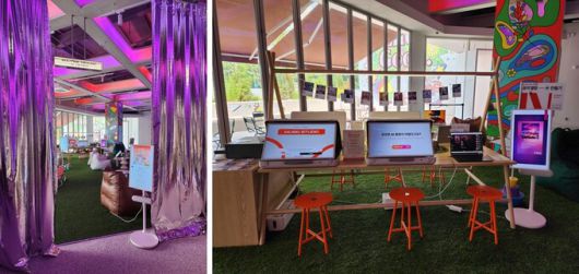 그라운드220 안쪽으로 들어서면 은박 레인 실크로 나뉜 공간 뒤에 너른 인조잔디밭과 캠핑장 느낌의 AI 체험 공간이 펼쳐진다.