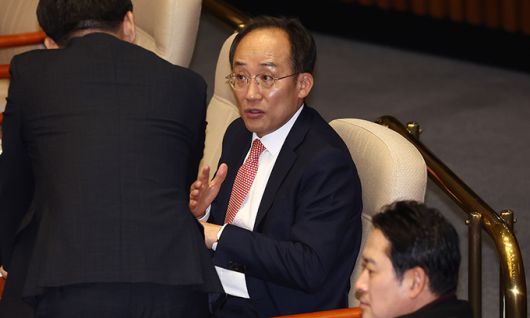 추경호 국민의힘 원내대표가 28일 서울 여의도 국회에서 열린 제418회국회(정기회) 제13차 본회의에서 동료 의원과 대화하고 있다. 뉴스1