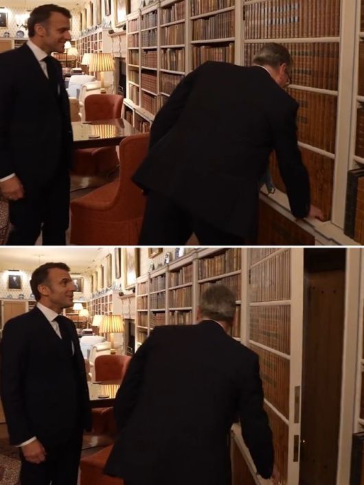 9일(현지시간) 영국 총리 별장 체커스를 방문한 에마뉘엘 마크롱 프랑스 대통령(왼쪽)이 키어 스타머 영국 총리의 안내로 제2차 세계대전 당시 윈스턴 처칠 전 총리가 애용했던 서재를 둘러보고 있다. (위 사진) 아래는 스타머 총리가 책과 서가인 것처럼 위장된 비밀 통로의 문을 열자 마크롱 대통령이 깜짝 놀라는 장면. 스타머 총리 SNS 캡처