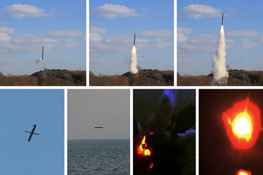 북한 미사일 총국이 25일 해상대 지상 전략순항유도무기 시험발사를 진행했다고 노동당 기관지인 노동신문이 26일 보도했다. 사진은 수직발사관에서 콜드론치(Cold Launch) 방식으로 발사된 전략순항미사일이 저공비행으로 날아가 1500㎞ 밖의 표적에 명중하는 모습. 노동신문·뉴스1