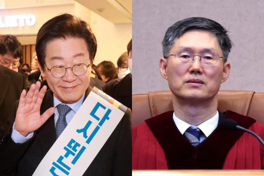 더불어민주당 이재명 대표가 설 연휴를 앞둔 지난 24일 서울 서초구 반포동 고속버스터미널에서 설 귀성객에게 인사하고 있다. 오른쪽은 문형배 헌법재판소장 직무대행이 23일 서울 종로구 헌법재판소에서 열린 이진숙 방송통신위원회 위원장 탄핵심판사건 선고기일에 자리하고 있다. 뉴스1