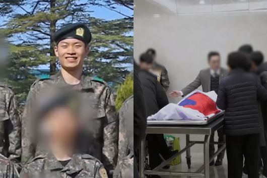 김 일병의 생전 모습(왼쪽)과 시신을 냉동고에 안치하려는 모습.