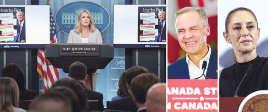 ‘T데이’… 각국, 대응 마련 분주 도널드 트럼프 미국 대통령이 2일(현지시간) 전 세계를 대상으로 상호관세 등을 발표키로 한 가운데 각국이 자국 산업에 미칠 파장을 우려하며 대응책 마련에 부심하고 있다. 캐럴라인 레빗 백악관 대변인이 1일 브리핑에서 트럼프 대통령이 2일 직접 상호관세를 발표하며, 이는 즉시 발효된다고 밝히고 있다(왼쪽 사진). 미국과 인접해 관세정책의 영향을 크게 받는 마크 카니 캐나다 총리(가운데)와 클라우디아 셰인바움 멕시코 대통령은 이날 통화를 하고 양국 간 강력한 무역 및 투자관계를 발전시키는 것의 중요성에 대해 논의했다. 워싱턴·위니펙·멕시코시티=로이터·EPA연합뉴스