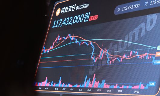 가상화폐 대장주 비트코인이 도널드 트럼프 미국 대통령의 상호관세 부과에 따른 충격으로 큰 폭의 하락세를 보이고 있다. 미 가상화폐 거래소 코인베이스에 따르면 미 동부시간으로 6일(현지시간) 오후 4시 기준 비트코인 1개는 24시간 전보다 4.10% 내린 7만 9천548달러에 거래됐다. 사진은 7일 서울 서초구 빗썸 라운지. 연합뉴스