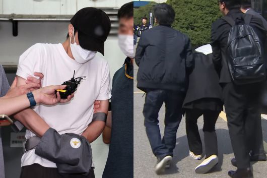5살 아동을 숨지게 한 30대 태권도 관장 A씨(왼쪽)가 지난해 7월19일 경기 의정부경찰서에서 검찰로 송치되고 있다. 오른쪽은 지난 10일 A씨에 대한 징역 30년 선고를 들은 뒤 몸을 가누지 못하는 피해 아동의 어머니. 뉴스1·채널A 캡처