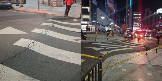 지난 15일 오후 8시쯤 부평역 앞 횡단보도에서 가로 5m, 깊이 10㎝ 규모의 땅꺼짐이 발생했다. 연합뉴스(인천시 제공)