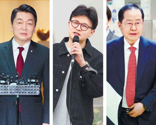 6·3 조기 대선을 48일 앞둔 16일 국민의힘 대선 경선 주자들은 제각각의 일정을 소화하며 분주했다. 안철수 경선 후보는 서울시청에서 오세훈 시장과 도시락 오찬을 했고(왼쪽 사진), 한동훈 경선 후보는 대구 수성구에서 열린 ‘대구·경북 청년 희망 경청회’에 참석했다(가운데 〃). 홍준표 경선 후보는 서울 여의도 선거 캠프에서 경제 분야 비전 발표를 했다(오른쪽 〃, 후보는 가나다순). 연합뉴스·뉴스1