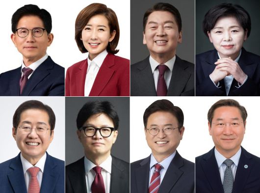 국민의힘 대선·경선 선거관리위원회가 16일 제21대 대통령후보자 1차 경선 진출자 8명을 발표했다. 사진은 경선 1차 진출자(가나다순,시계방향으로) 김문수 전 고용노동부 장관, 나경원 국민의힘 의원, 안철수 국민의힘 의원, 양향자 전 의원, 유정복 인천시장, 이철우 경북지사, 한동훈 전 국민의힘 대표, 홍준표 전 대구시장. 국민의힘 제공