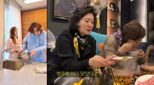 이다해가 세븐 머리를 행주로 때리는 장면을 촬영한 뒤 시어머니에게 결국 사과했다. 유튜브 채널 ‘1+1=이다해’ 캡처