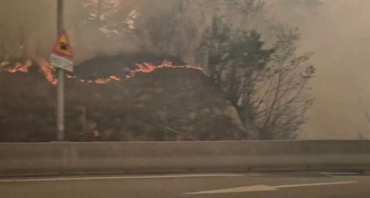 26일 오후 1시18분쯤 강원 인제군 상남면 하남리 한 야산에서 발생한 산불이 내린천 휴게소 인근까지 확산했다. 인제=연합뉴스