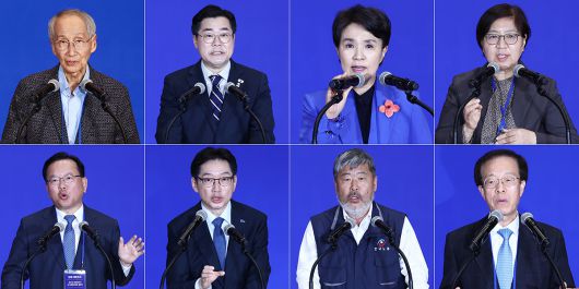 30일 서울 여의도 국회 의원회관에서 열린 '더불어민주당 제21대 대통령선거 중앙선거대책위원회 출범식'에서 상임 총괄선대위원장을 맡은 윤여준 전 환경부 장관(윗 사진 왼쪽부터)과 박찬대 당대표 직무대행 겸 원내대표, 총괄선대위원장을 맡은 강금실 전 법무부 장관, 정은경 전 질병관리청장, 김부겸 전 총리(아래 사진 왼쪽부터), 김경수 전 경남지사, 김동명 한국노총위원장, 공동선대위원장을 맡은 이석연 전 법제처장이 각오를 밝히고 있다. 뉴스1