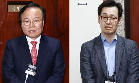 김문수 국민의힘 대통령 후보 대리인인 김재원 비서실장(왼쪽)과 한덕수 무소속 대선 예비후보 대리인인 손영택 전 국무총리 비서실장이 9일 서울 여의도 국회에서 열린 단일화 협상 관련 회동을 마치고 각각 브리핑을 하고 있다. 뉴스1