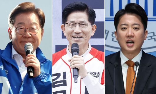 제21대 대통령선거 공식 선거운동 첫날인 12일 왼쪽부터 더불어민주당 이재명 대선 후보와 국민의힘 김문수 대선 후보, 개혁신당 이준석 대선 후보가 공식선거 운동을 벌이고 있다. 뉴시스, 뉴스1