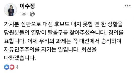 국민의힘 이수정 경기 수원정 당협위원장 SNS 게시글. 온라인 커뮤니티 갈무리
