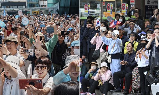 환호하는 지지자들 제21대 대통령선거 공식 선거운동 둘째날인 13일 더불어민주당 이재명 후보와 국민의힘 김문수 후보가 영남 지역에서 각각 유세를 펼쳤다. 왼쪽 사진은 이날 경북 구미역 앞에서 열린 이 후보의 유세 현장에서 지지자들이 환호하는 모습. 오른쪽은 같은 날 울산 남구 신정시장에서 김 후보의 연설에 지지자들이 호응하는 장면이다. 구미·울산=허정호 선임기자, 이재문 기자