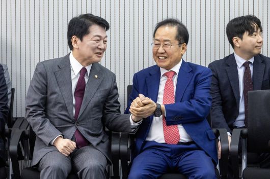 제21대 대통령 후보자 국민의힘 3차 경선 진출자를 발표한 지난달 29일 오후 서울 여의도 국민의힘 중앙당사에서 경선에 참여한 안철수 의원(왼쪽)과 홍준표 전 대구시장이 대화하고 있다. 뉴시스