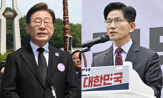 이재명 더불어민주당 대통령 후보(왼쪽)가 18일 광주 북구 국립5·18민주묘지에서 열린 '제45주기 5·18 민주화운동기념식'에 참석한 뒤 취재진 질문에 답하고 있다. 오른쪽은 여의도 당사에서 경제 분야 공약을 발표하는 김문수 국민의힘 후보. 뉴스1