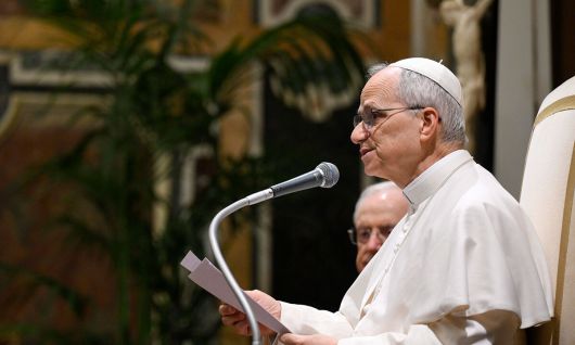 교황 레오 14세가 즉위미사 거행 하루 전인 17일(현지시간) 바티칸 교황사저 사도궁전에서 교황청 백주년기념재단(CAPP) 주최 ‘2025년 총회 및 국제 콘퍼런스’ 회원들과 만나 인사말을 하고 있다. 바티칸=EPA연합뉴스