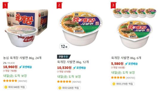 쿠팡 육개장사발면 판매 화면. 전날 직원 실수로 36개 5040원에 판매한 상품은 삭제됐고, 정상가로 판매 중이다. 쿠팡 홈페이지 갈무리