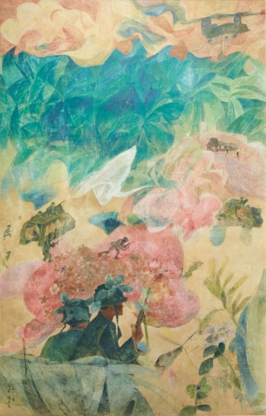 천경자 화백이 베트남 전쟁을 소재로 그린 작품 ‘꽃과 병사와 포성’(1972). 서울시립미술관 제공