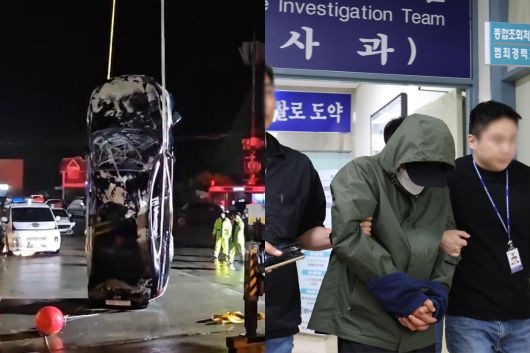 전남 진도에서 차량을 바다에 빠뜨려 일가족을 숨지게 한 40대 가장이 지난 4일 구속 전 피의자심문(영장실질심사)을 위해 광주 북부경찰서 유치장을 나서고 있다. 왼쪽은 지난 2일 진도항에서 일가족 4명이 탑승했던 차량을 인양하는 모습. 뉴스1