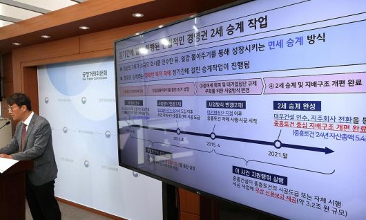 공정거래위원회 최장관 기업집단감시국장이 9일 정부세종청사 공정위 기자실에서 상호출자제한기업집단 중흥건설 소속 중흥건설이 동일인 2세 소유의 중흥토건 및 중흥토건의 6개 계열회사가 시행하고 중흥토건이 단독 시공하는 주택건설 및 일반산업단지 개발사업에서 각 시행사의 PF·유동화 대출에 무상 신용보강을 제공하는 행위에 대해 시정명령 및 과징금을 부과하고, 지원주체인 중흥건설을 고발하기로 결정했다고 밝히고 있다. 연합뉴스