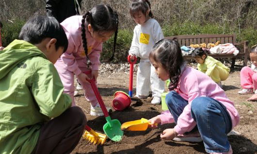 국립수목원이 지난해 연중 교육프로그램으로 진행한 숲이오래 키즈 아카데미에 참석한 학생들이 흙놀이를 하고 있다. 국립수목원 제공