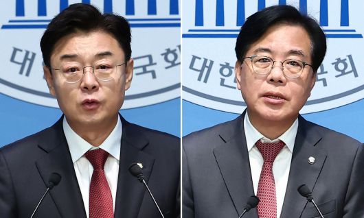 국민의힘 김성원(왼쪽), 송언석 의원이 지난 12일 오전 서울 여의도 국회 소통관에서 각각 원내대표 출마 기자회견을 하고 있다. 뉴스1