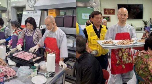 문빈정사 주지 법공스님이 12일 광주 남구 성요셉 사랑의 식당에서 저소득층을 위해 삼겹살을 굽고 나르고 있다. 오영순 광주 남구 의원 페이스북