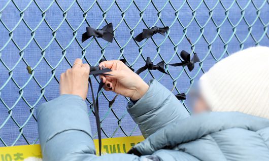 제주항공 참사 2주째인 지난 1월 11일 무안국제공항에서 유가족들이 사고 현장 인근 철조망에 검은 리본을 달고 있다. 연합뉴스