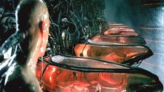 영화 메트릭스에서 네오는 빨간약을 먹고 잠에서 깨어난 후, 인간이 AI의 에너지원으로 쓰이고 있는 현실을 목도한다. 매트릭스 영화 장면 캡처