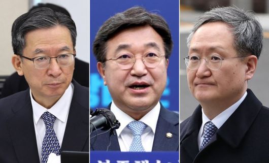 (왼쪽부터) 지난 29일 이재명 대통령이 법무부 장관 후보자로 지명한 더불어민주당 정성호 의원, 행정안전부 장관 후보자로 지명한 윤호중 의원, 민정수석으로 임명한 봉욱 변호사.