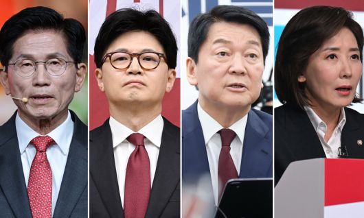김문수 전 대선 후보(왼쪽부터), 한동훈 전 대표, 안철수 의원, 나경원 의원. 연합뉴스
