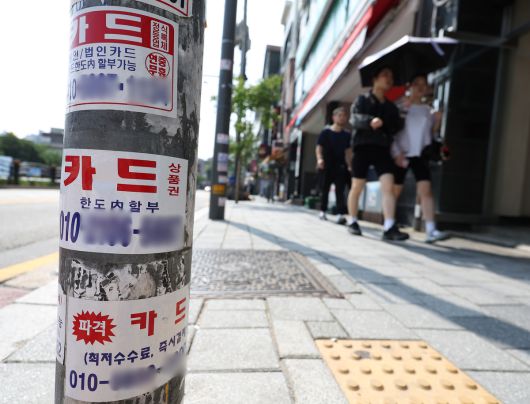 정부의 신용대출 규제 강화 방안에 따라 카드론도 신용대출 한도에 포함되면서 대출 수요자들의 자금 조달이 더욱 어려워질 전망이다. 서울 시내 한 거리 전봇대에 붙은 카드론 관련 전단지. 연합뉴스