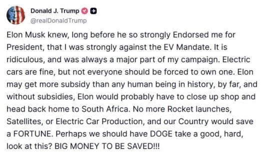도널드 트럼프 미국 대통령이 30일(현지 시각) 본인의 SNS 트루스소셜에 일론 머스크를 비난하며 올린 게시글. 트럼프는 이 글에서 "머스크는 보조금이 없었다면 고향인 남아프리카공화국으로 돌아갔을 것"이라고 말했다. 트루스소셜 캡처