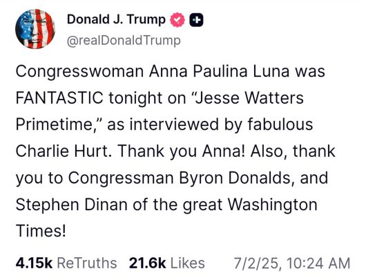 도널드 트럼프 미국 대통령이 1일(현지시간) 자신의 소셜미디어 트루스소셜에서 워싱턴 타임스에 대해 언급한 내용. 트루스소셜 캡처